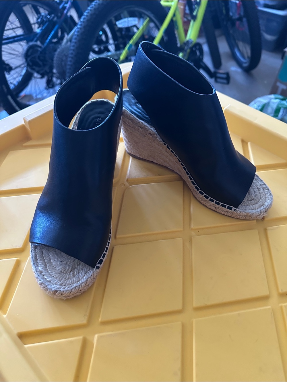 Celine Black Leather Peep-Toe Wedge Espadrille